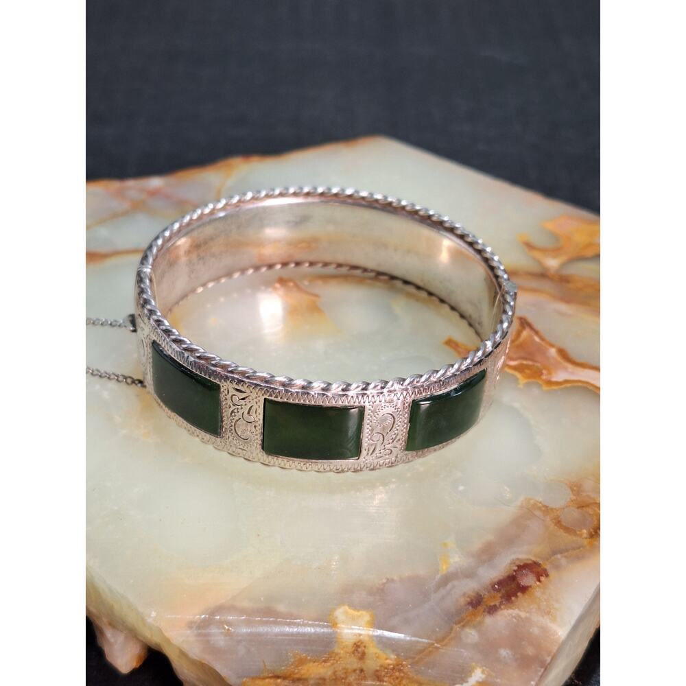 Rare H&S Haines Stephenson Sterling Silver Green Jade Panel Bangle Bracelet
